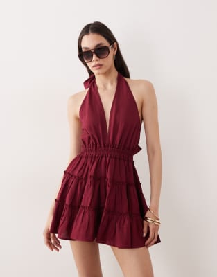 Esmée - Mini-Strandkleid in Kirschrot mit Neckholder-Brown