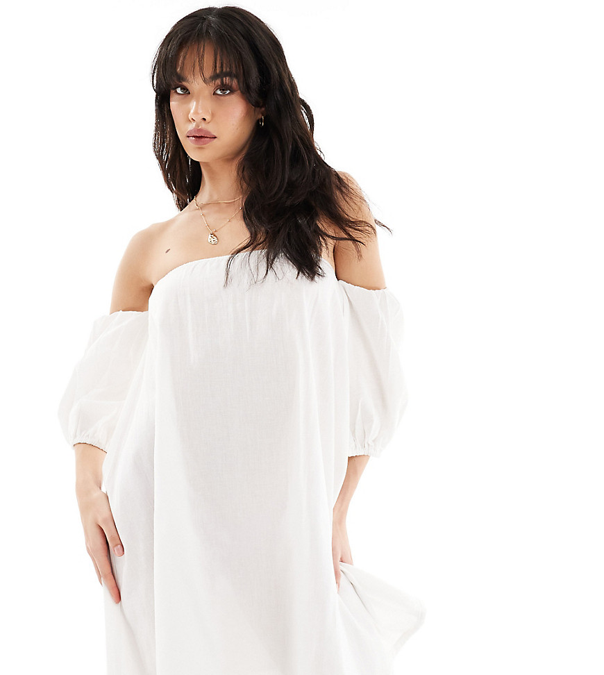 Esmee off shoulder mini puff long sleeve beach dress in white
