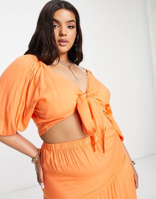 Esmée - Orange strandtop med pufærmer og bindebånd foran - Del af sæt - Kun hos ASOS, 3 af 4