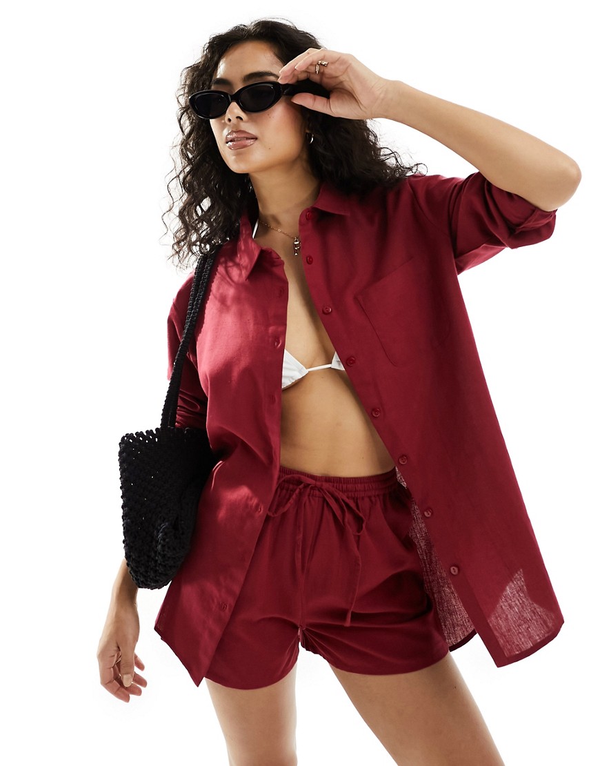 Esmee oversized linen beach long sleeve shirt co-ord in berry red