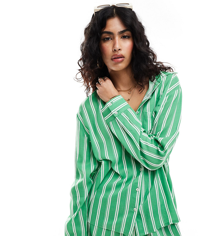 Esmee oversized long sleeve stripe beach shirt co-ord in green