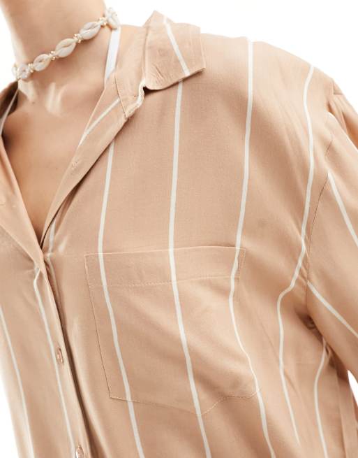 Esmee - Oversized strandoverhemd met lange mouwen in beige met witte strepen, deel van co-ord set, 2 van 4