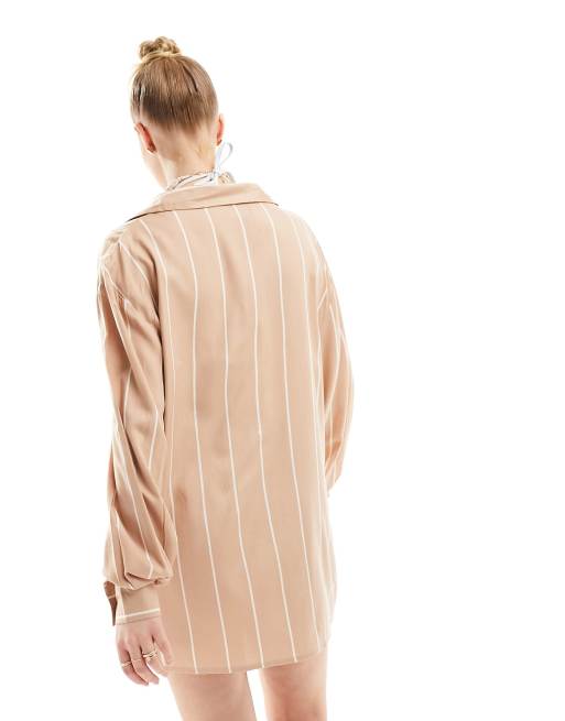 Esmee - Oversized strandoverhemd met lange mouwen in beige met witte strepen, deel van co-ord set, 4 van 4