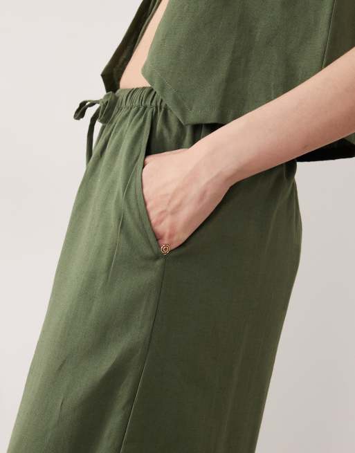 Esmée - Pantalon de plage d'ensemble noué devant à bords festonnés - Olive et crème, 5 de 5