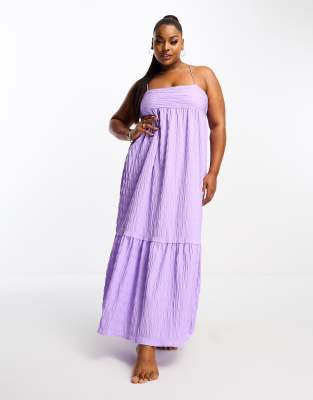 Esmee Curve Esmee Plus Beach Textured Tiered Maxi Summer Dress In Lilac Waffle-green