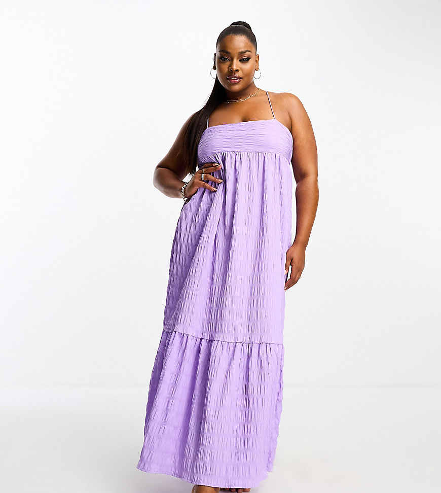 Esmee Plus beach textured tiered maxi summer dress in lilac waffle-Green