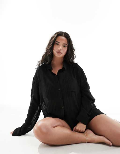 Esmée Plus - Camicia da mare a maniche lunghe nero trasparente a righe in coordinato 