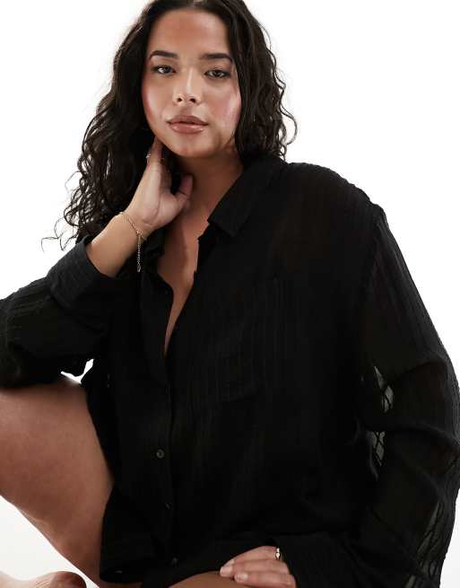Esmee Plus - Chemise d'ensemble de plage rayée et transparente à manches longues - Noir , 3 de 4