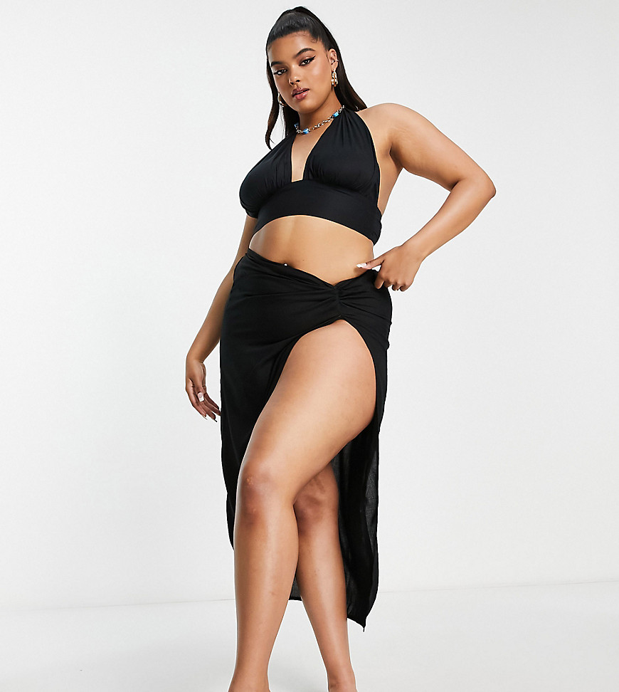 Esmee Plus Exclusive asymmetric beach maxi skirt co-ord in black