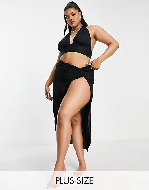 Esmee Plus Exclusive asymmetric beach maxi skirt in black (part of a set)