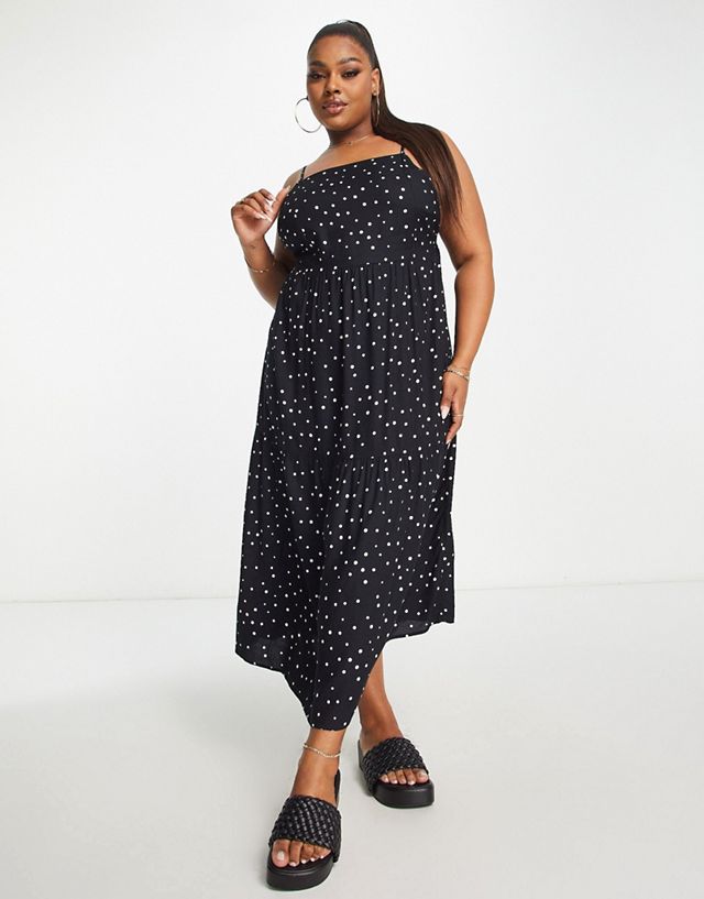 Esmee Plus Exclusive beach maxi dress with tiered detail in black polka dot