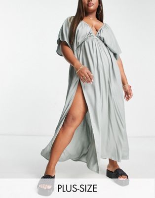 Esmee Plus Exclusive beach maxi summer dress with wrap detail in aloe