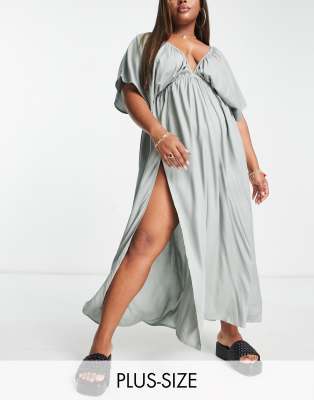 Swimwear %26 Beachwear by Esmee Curve Exclusive to ASOS Deep V-neck Elasticated waist Front split Relaxed fit