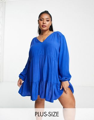 Esmee Plus Exclusive beach mini tiered smock summer dress in cobalt blue