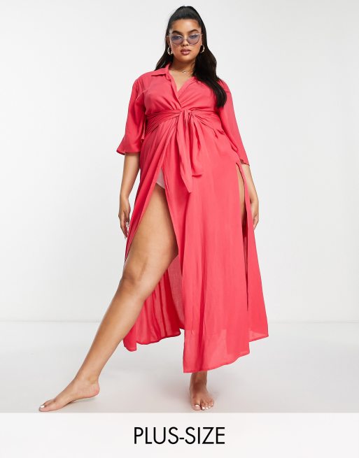 Esmee Plus Exclusive front wrap beach midi summer dress in pink lemonade 