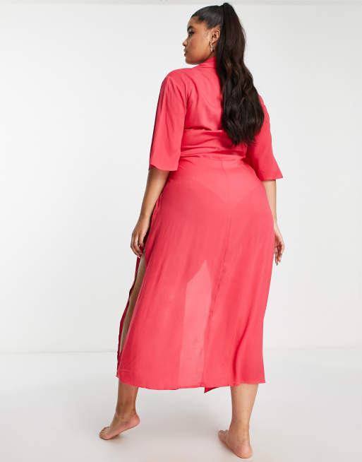 Esmee Plus Exclusive front wrap beach midi summer dress in pink lemonade |  ASOS