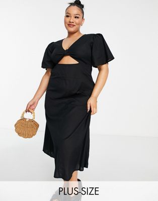 Esmee Plus Exclusive linen cut out beach midi summer dress with puff sleeve in black