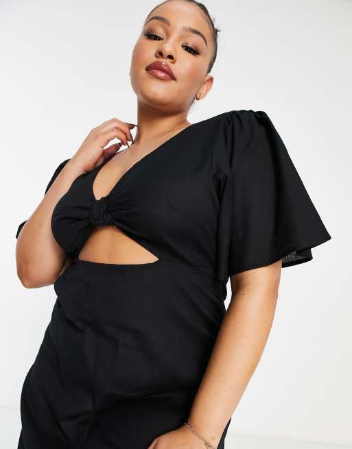 Esmee Plus Exclusive linen cut out beach midi summer dress with puff sleeve in black