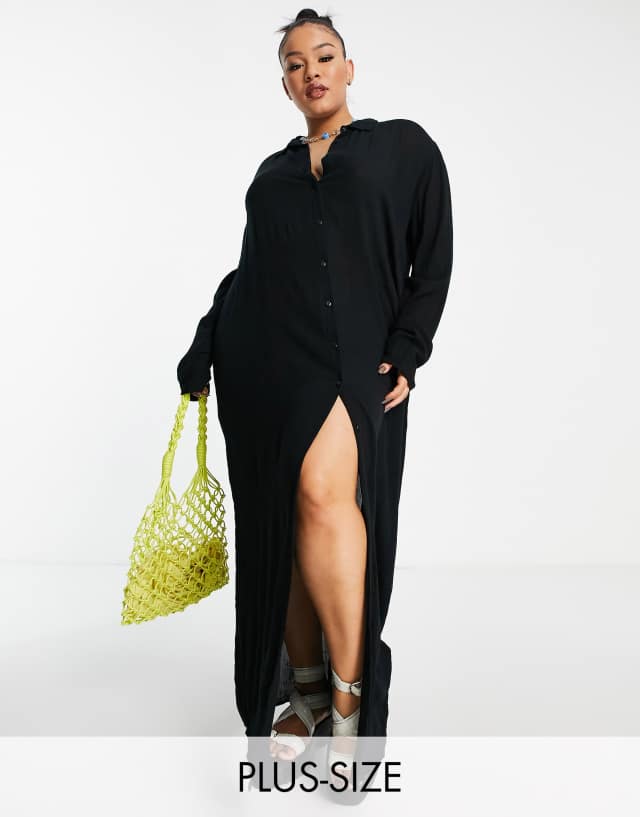 Esmee Plus Exclusive maxi beach shirt summer dress in black