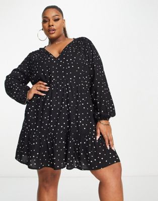 Esmee Plus Exclusive mini tiered smock summer dress with long sleeve in black polka dot