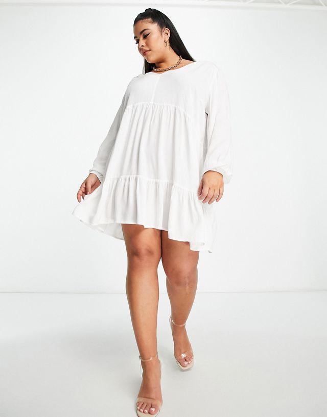 Esmee Plus Exclusive mini tiered smock dress with long sleeve in white