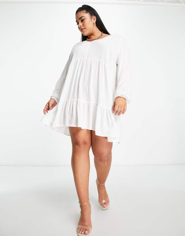 Esmee Plus Exclusive mini tiered smock summer dress with long sleeve in white