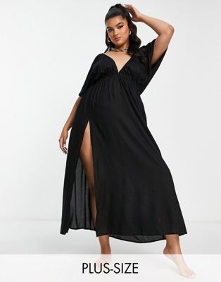 Esmee Plus Exclusive plunge neck maxi beach dress in black - ASOS Price Checker