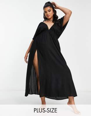 Esmee Plus Exclusive plunge neck maxi beach dress in black - ASOS Price Checker