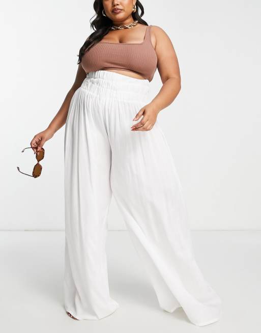 Shirred Waist Woven Wide Leg Beach Pants