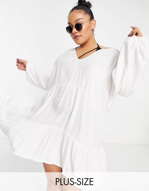 Esmee Plus - Exclusivité - Robe d'été babydoll courte volantée à manches longues - Blanc 