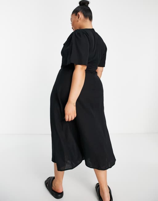 Esmee Plus - Exclusivité - Robe d'été mi-longue en lin pour la plage à découpe et manches bouffantes - Noir , 2 de 4