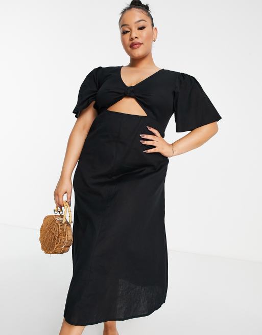 Esmee Plus - Exclusivité - Robe d'été mi-longue en lin pour la plage à découpe et manches bouffantes - Noir , 4 de 4