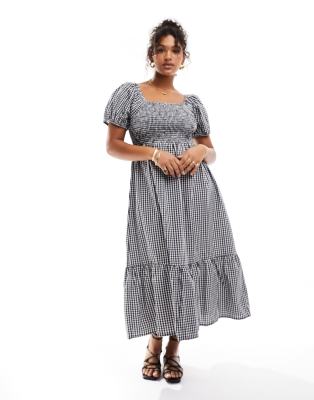 Esmée Plus - Gerafftes Maxi-Strandkleid mit Puffärmeln und Vichy-Karo-Bunt