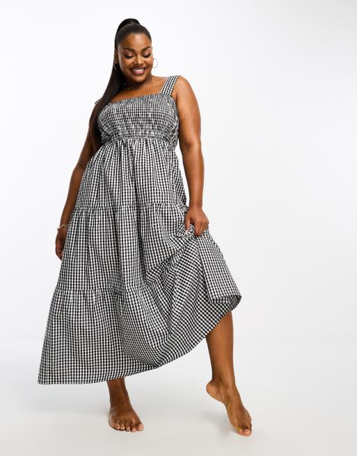 Esmee Plus Maxi zomerjurk met gesmokte taille in zwart met witte gingham ruit