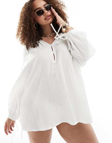 Plus White Oversized Puff Sleeve Shirt Dress