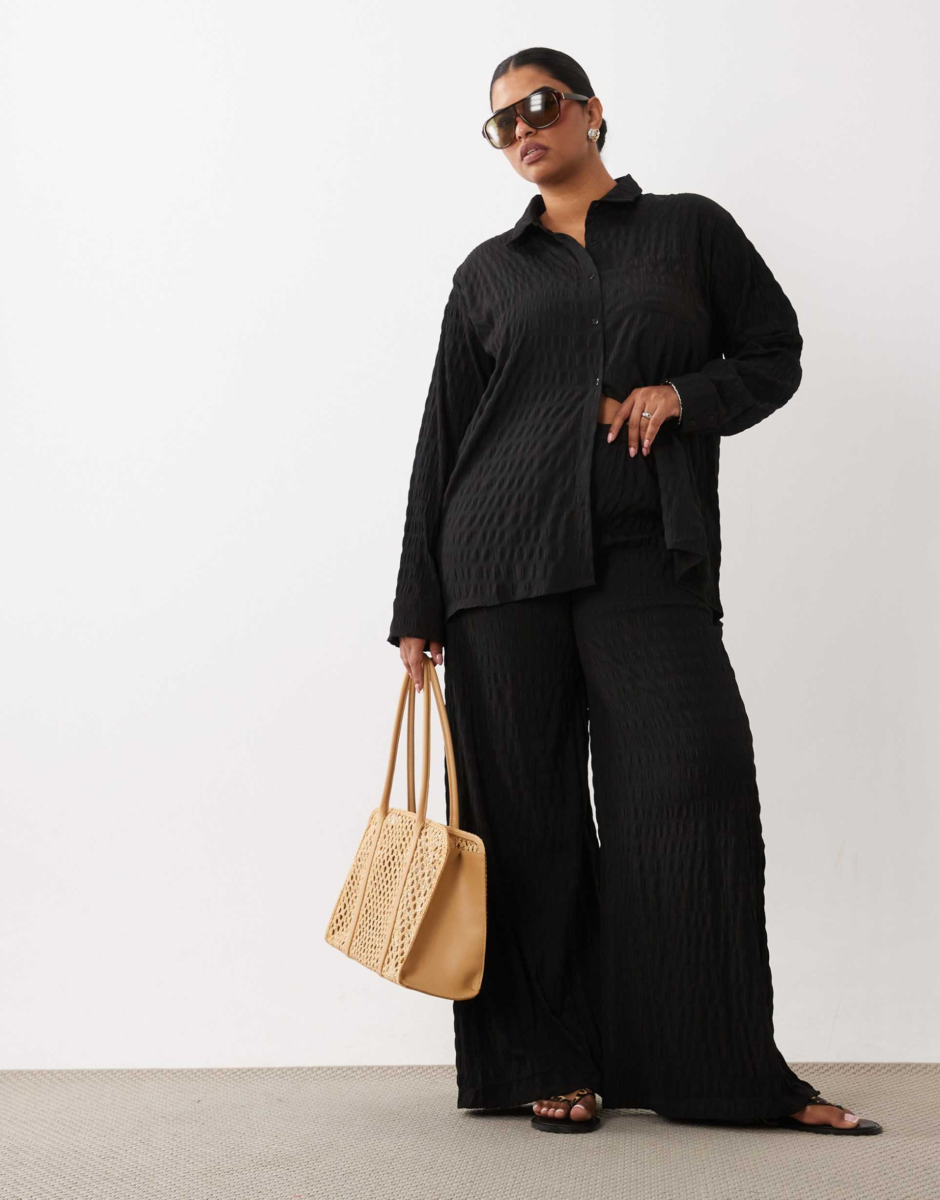 esmée plus textured beach pants in black waffle - part of a set