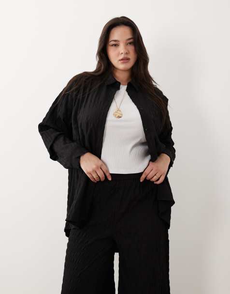 Esmee Plus textured beach shirt co-ord in black waffle - view 1