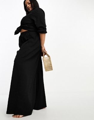 Esmee Plus textured beach trouser co-ord in black waffle