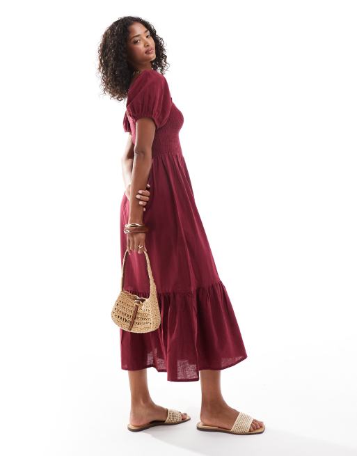 Esmee puff sleeve midi beach dress in cherry red