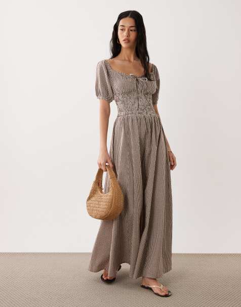 Esmée puff sleeve tie front beach maxi dress in brown & cream gingham - view 1