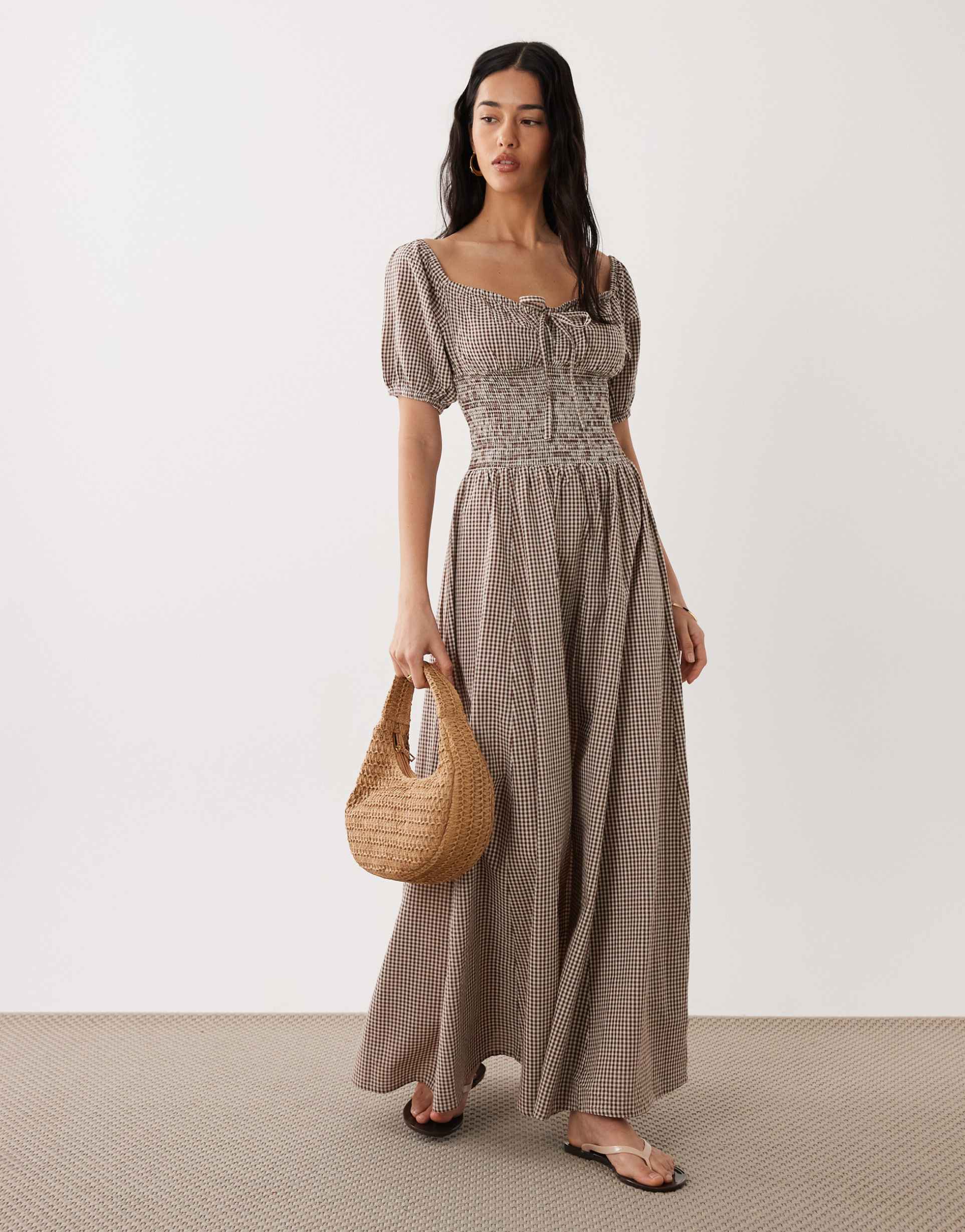 esmée puff sleeve tie front beach maxi dress in brown & cream gingham