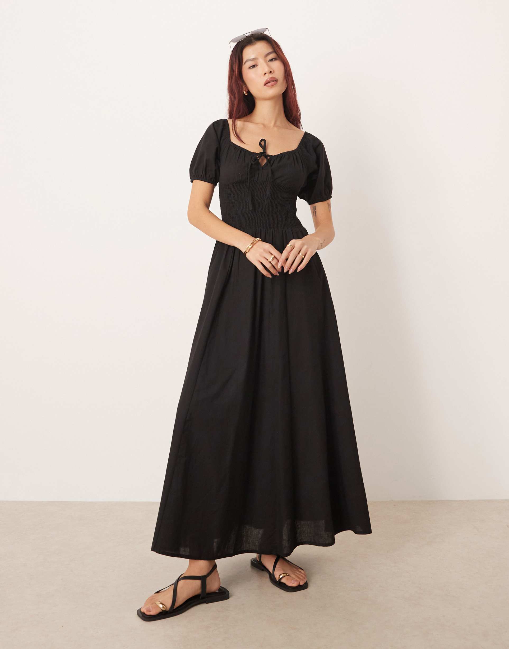esmee puff sleeve tie front maxi beach dress in black