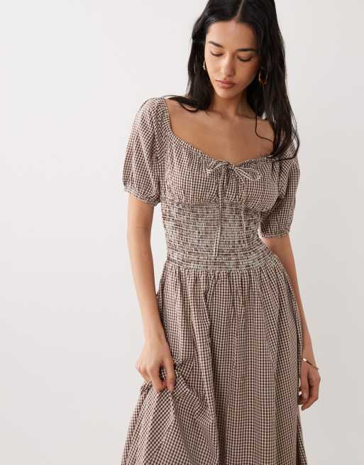 Esmée puff sleeve tie front maxi beach dress in brown & cream gingham, 3 of 4