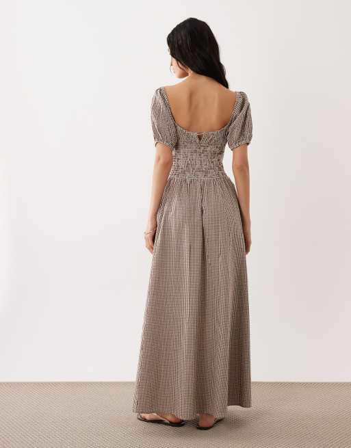 Esmée puff sleeve tie front maxi beach dress in brown & cream gingham, 4 of 4