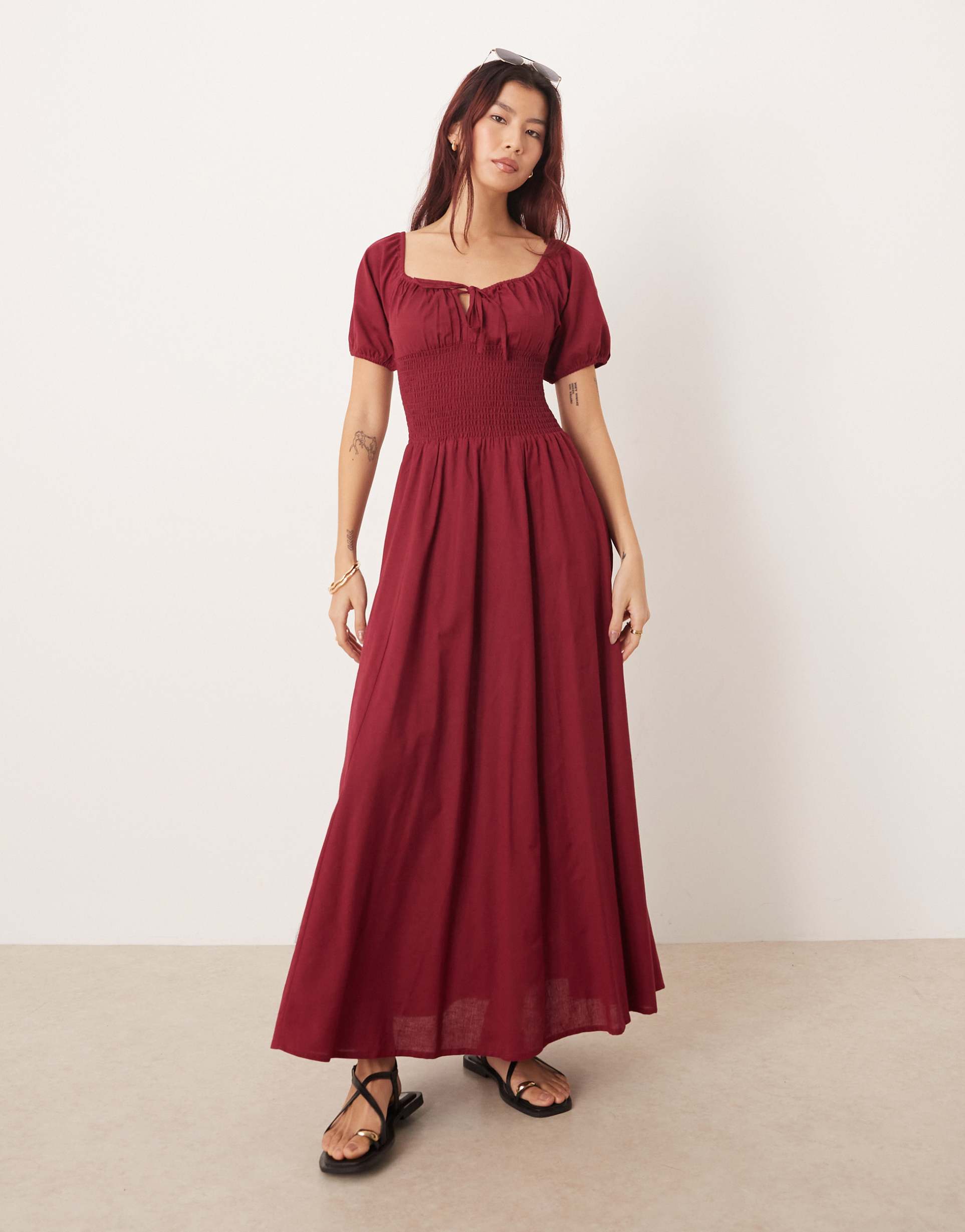 esmee puff sleeve tie front maxi beach dress in cherry red