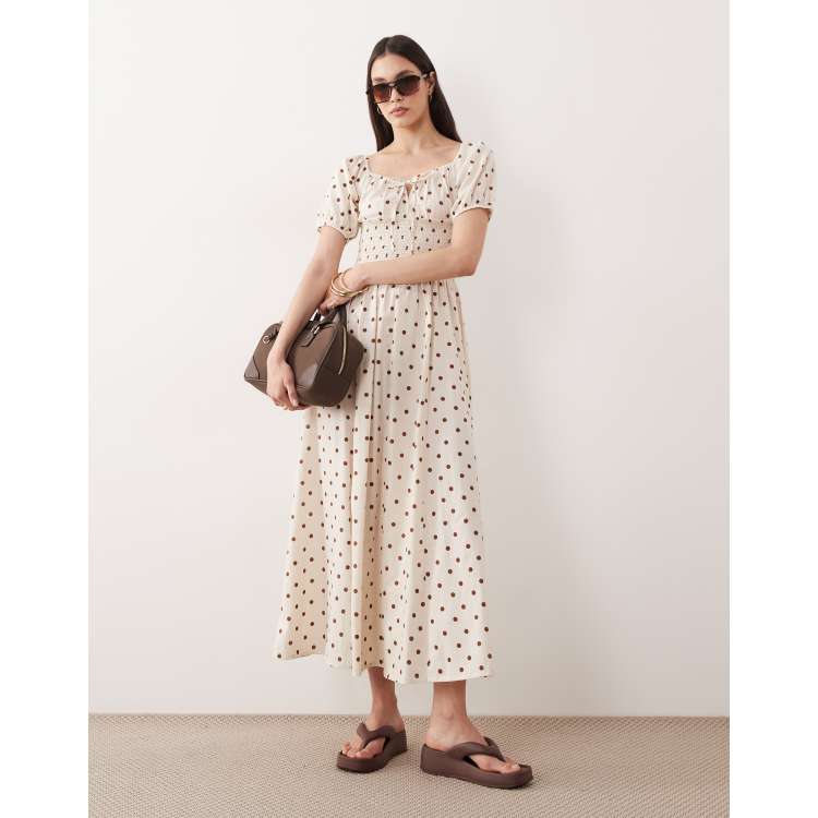 white brown polka dot dress Esmée puff sleeve tie front maxi beach in cream & Sleeve Length:Standard - 38.5