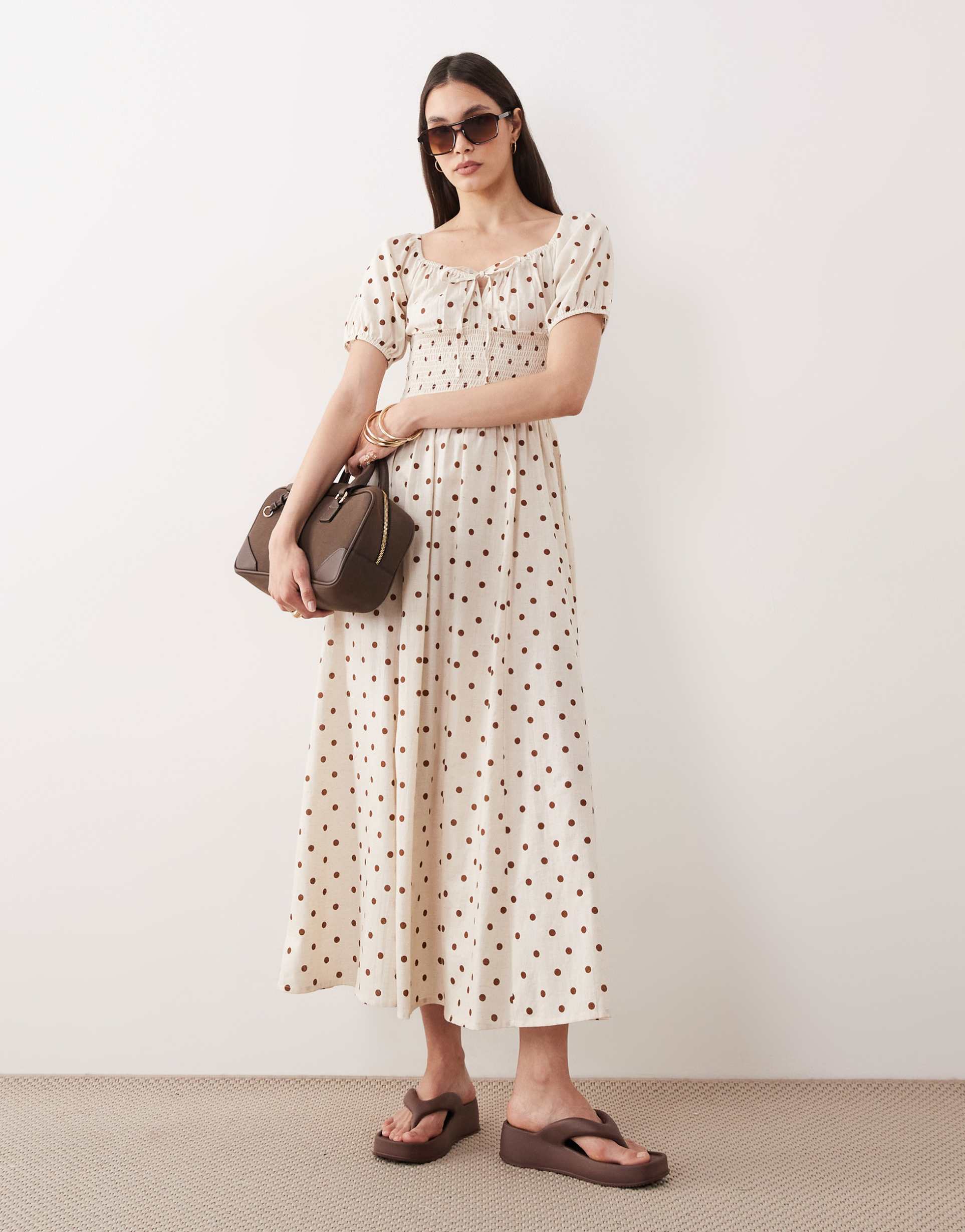 esmée puff sleeve tie front maxi beach dress in cream & brown polka dot