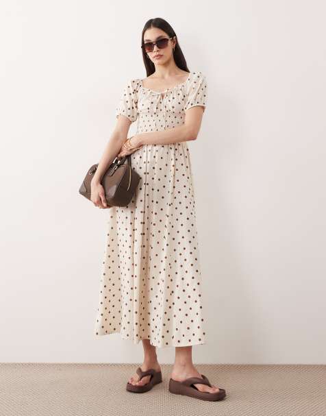 Esmee puff sleeve tie front maxi beach dress in cream & brown polka dot