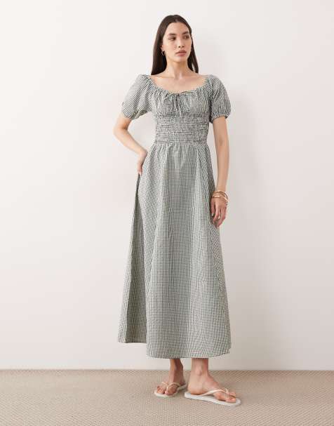 Esmee puff sleeve tie front maxi beach dress in green gingham - view 1