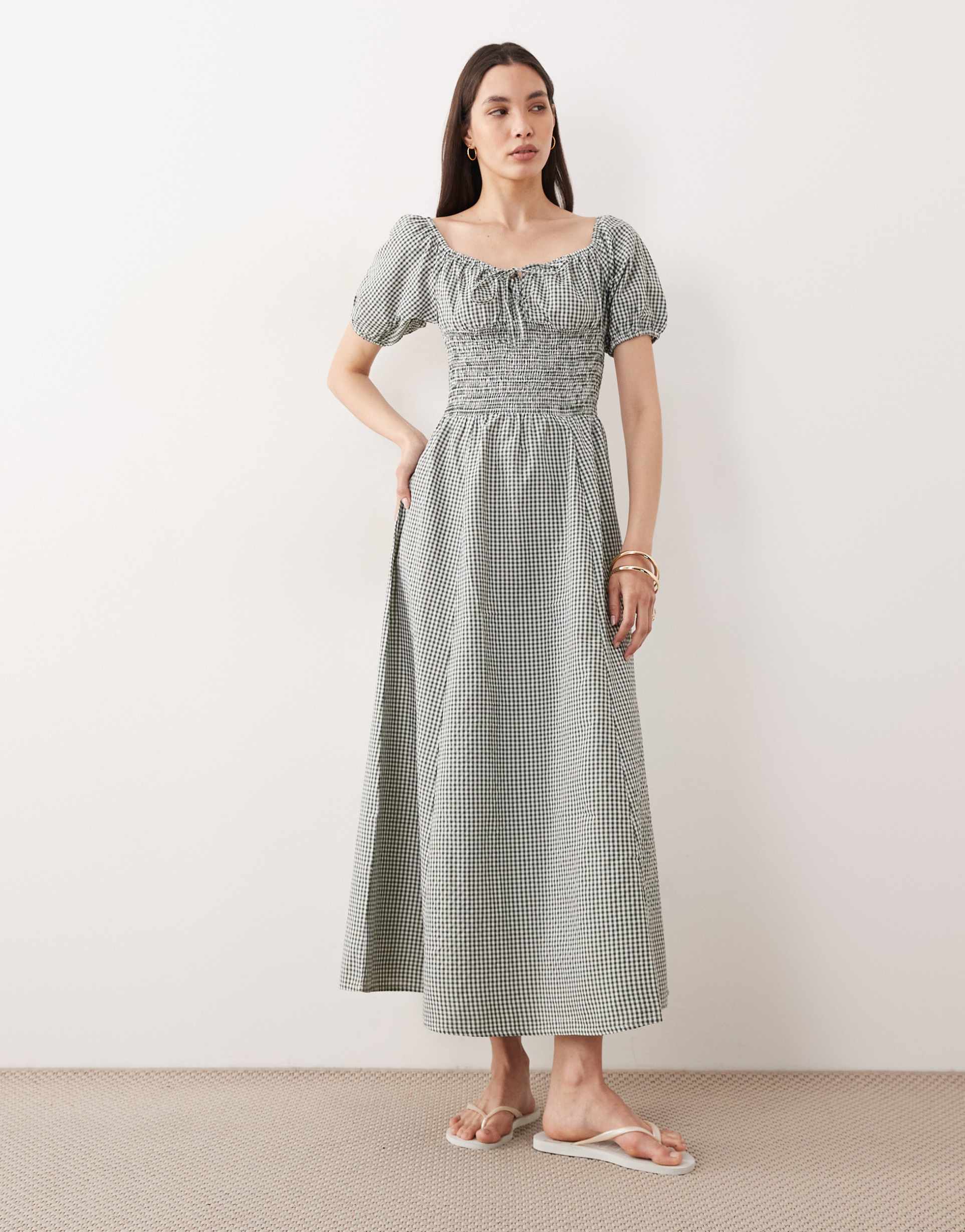esmée puff sleeve tie front maxi beach dress in green gingham